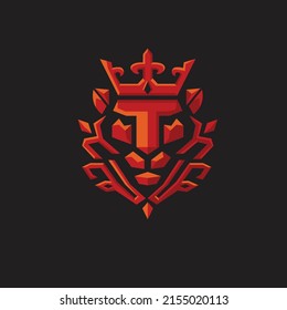 Icono de diseño vectorial de un león rojo con un logo de tecnología geométrica de la corona en fondo oscuro