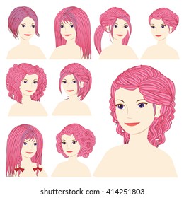 Vector design icon set. Beautiful informal woman with different types of hairstyle, hairdo, haircut. Curly, long, caret, braids, bun, chignon, pigtails hair. Flat Fashion illustration  
