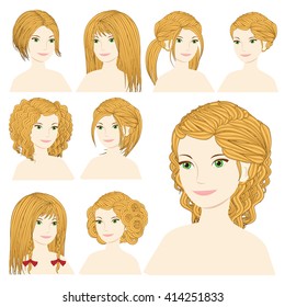 Vector design icon set. Beautiful blonde woman with different types of hairstyle, hairdo, haircut. Curly, long, caret, braids, bun, chignon, pigtails hair. Flat Fashion illustration  
