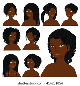 Vector design icon set. Beautiful African American woman with different types of hairstyle, hairdo, haircut. Curly, long, caret, braids, bun, chignon, pigtails hair. Flat Fashion illustration  