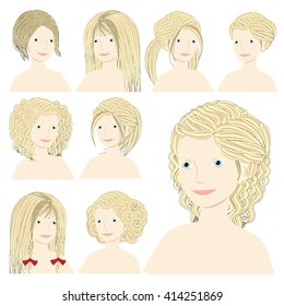 Vector design icon set. Beautiful albino woman with different types of hairstyle, hairdo, haircut. Curly, long, caret, braids, bun, chignon, pigtails hair. Flat Fashion illustration