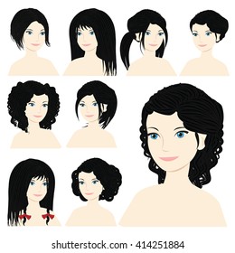 Vector design icon set. Beautiful brunette woman with different types of hairstyle, hairdo, haircut. Curly, long, caret, braids, bun, chignon, pigtails hair. Flat Fashion illustration  