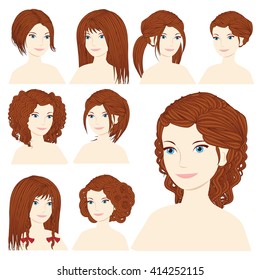 Vector design icon set. Beautiful brown-haired woman with different types of hairstyle, hairdo, haircut. Curly, long, caret, braids, bun, chignon, pigtails hair. Flat Fashion illustration  
