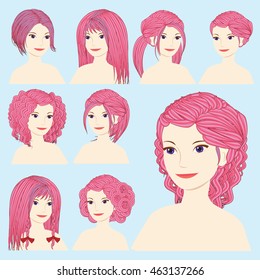 Vector design icon set. Beautiful informal woman with different types of hairstyle, hairdo, haircut. Curly, long, caret, braids, bun, chignon, pigtails hair. Flat Fashion illustration  
