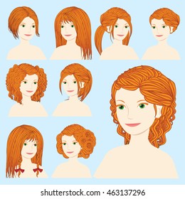 Vector design icon set. Beautiful redhead woman with different types of hairstyle, hairdo, haircut. Curly, long, caret, braids, bun, chignon, pigtails hair. Flat Fashion illustration 
