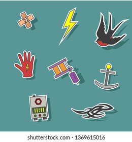 Vector design icons set.  Tattoo machine, bird , trible, ink, spray, anchor, coils ,needles, glove, anesthesia, lightning, hand artist. Instruments and equipment for tattoo. Sticker pack