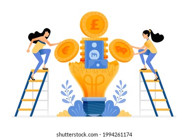 Vector Design of ideas and financial awareness to save and plan for future. pile of money in a broken light bulb. illustration Can be for websites, posters, banners, mobile apps, web, social media