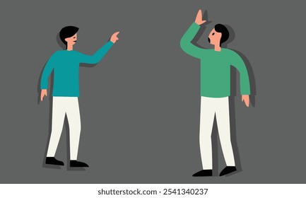 Vector design illustration of 2 men wearing long-sleeved T-shirts, trousers, and shoes with different hand movements.