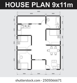 Vector design illustration of a 9x11m house plan. in black and white color