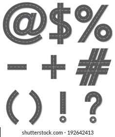 Vector design illustration of ampersand, dollar, percent, plus, minus, dash, brackets and punctuation marks in the form of a road with white line markings