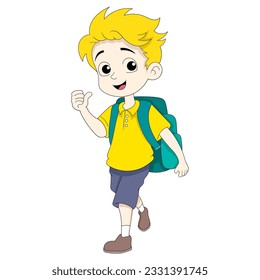  arte de ilustración de diseño vectorial, niño de cabello rubio con cara feliz va a la escuela