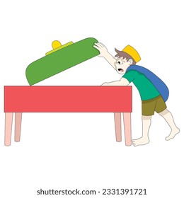  vector design illustration art, boy with a surprised face when there is no food on the dining table