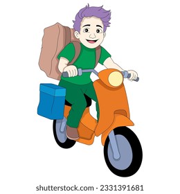  Vektorgrafik zur Illustration, Kurier-Junge, der beim Motorradfahren bestellte Waren befördert