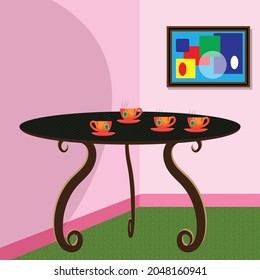 ilustración de diseño vectorial arte de cuatro tazas sobre una mesa dentro de una sala