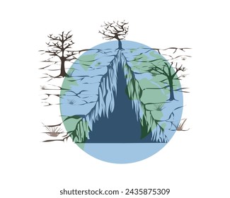vector design illustration of barren land and dry trees and lots of small cracks as well as large cracks in various corners with a faint globe of the earth in the middle as a symbol of the dying earth