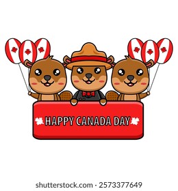 vector design illustration of a beaver mascot with a balloon and holding a Canada Day banner