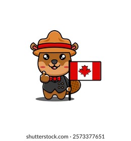 vector design illustration of a beaver mascot with a hat holding a Canadian flag