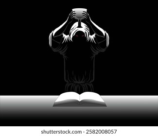 vector design, an illustration with a black background, a person in a black robe is lifting a cup and there is a book in front of him on the table as if he is performing a ritual