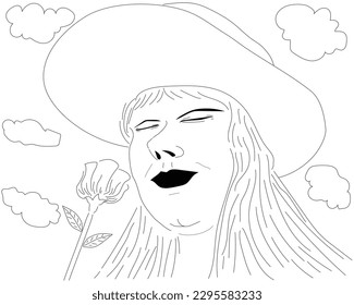 vector design illustration or black and white pencil sketch of the face of a woman wearing a hat and looking from the bottom of her neck up kissing a flower in front of her with clouds behind her