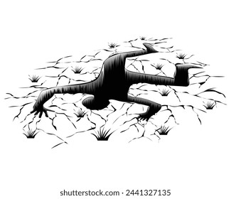 vector design illustration, black and white cartoon sketch of a crack in the ground with a black hole that looks like a human body that has just fallen on the ground so that the hole is visible