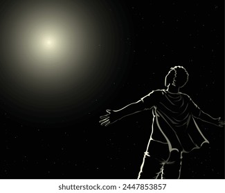 Ilustración de diseño de Vector de una silueta en blanco y negro de un hombre de pie con sus brazos extendidos hacia la luz del sol o luz brillante con estrellas a cada lado