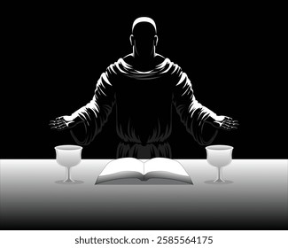 vector design illustration of a black and white silhouette of a person wearing a long robe with bright light from behind and above and he is performing a ritual and in front of him there are two cups 