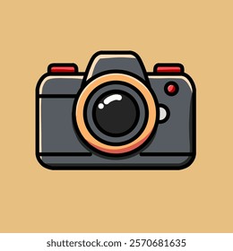 vector design illustration of a blackish camera, with a fairly large lens in the middle, plain background.