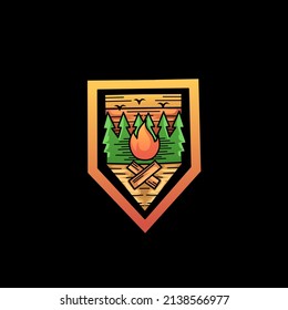 vector design illustration of a bonfire with a forest background in the afternoon. design concept of exploring nature, camping, adventure and explorer. good design for printing stickers, t-shirts and 