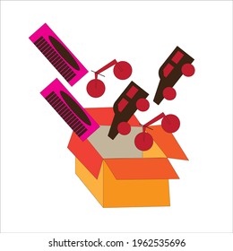 vector design illustration of a box containing a toy piano, car, bicycle. Can be used for wallpapers, stickers, additional editing elements, and more