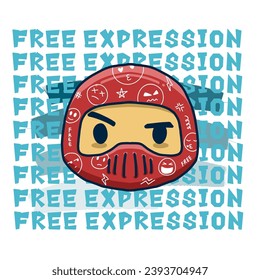 vector design illustration of a boy character with a flat expression wearing a helmet with text free expression suitable for t-shirt design, club poster, community, sticker, cover, wallpaper