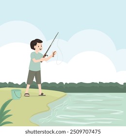 Vector design illustration of a boy fishing in a lake, and getting his catch