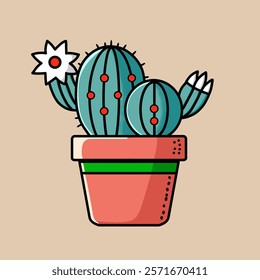 vector design illustration of cactus plant in pot, plain background.