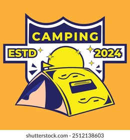 Ilustración de diseño de Vector de una insignia de camping con una tienda de campaña a todo color y estilo simple. conveniente para logotipos, iconos, carteles, anuncios, Anuncios, empresas, diseños de camisetas, pegatinas, Web