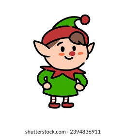 vector design illustration of cartoon boy using cute green color costume Christmas day theme suitable for stickers, decorations, templates, gifts, icons on Christmas day.