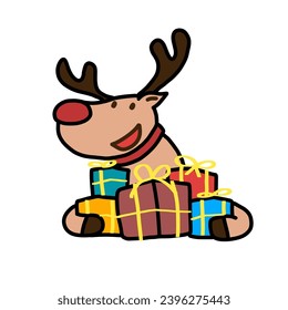 vector design illustration of cartoon deer with gift set suitable for year-end themes, templates, stickers, symbols