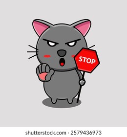 vector design illustration of a cat mascot with a serious face holding a sign that says stop