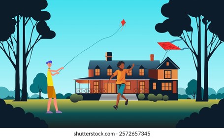 A vector design illustration celebrating the Makar Sankranti festival, showcasing two boys engaged in the delightful activity of flying kites and running.