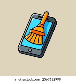 vector design illustration of a cell phone with a broom, a black cell phone on a plain background