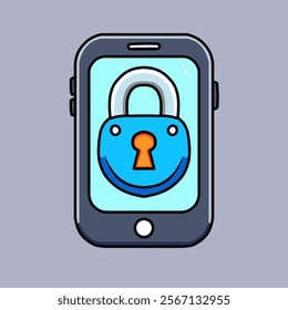 vector design illustration of a cellphone being locked by a padlock logo, a black cellphone on a plain background