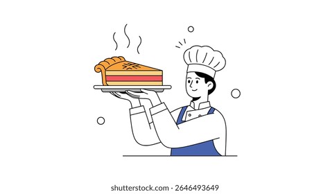 Vector design illustration of a chef holding a delicious slice of pie