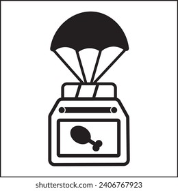 vector design illustration of chicken food silhouette in box with parachute in black color. Suitable for posters, banners, logos, icons, websites, t-shirt designs, stickers, concepts, advertisements.