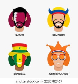 Vector Design illustration of collection of football fans smile faces with Qatar, Ecuador, Senegal, Netherlands flag on caps for group A.