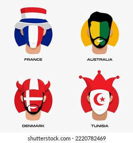 Vector Design Illustration Of Collection Of Football Fans Smile Faces With France, Australia, Denmark, Tunisia Flag On Caps For Group D.