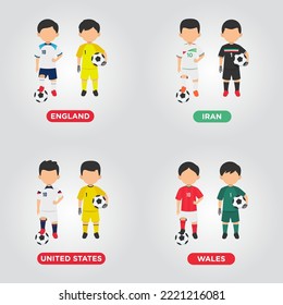 Vector Design illustration of collection football player of England, Iran, USA, Wales for Group B with children illustration (goal keeper and player).