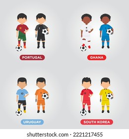 Vector Design illustration of collection football player of Portugal, Ghana, Uruguay, South Korea for Group H with children illustration (goal keeper and player).