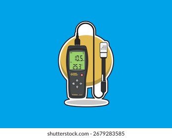 Ilustração de design de vetor estilo adesivo colorido do medidor de pH do sensor inteligente com sonda de eletrodo, instrumento científico para a medição de pH