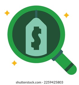 Ilustración de diseño de vectores combinación del icono de lupa de vidrio y el color verde del logo de us$ decorado con algunas estrellas pequeñas color amarillo anaranjado