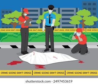 vector design, an illustration of a crime scene on the side of the road where there is a dead victim and the police and several people from the police forensics team are investigating it