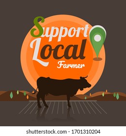 Vector design illustration for Crisis campaign Support Local farmer product view of sunset with silhouette cow in autumn warm color season
