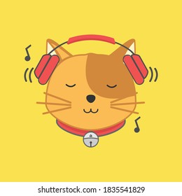 Vector design illustration of a cute cat listening to music.